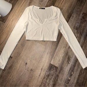 SHEIN Cream Long Sleeve Fitted Crop Blouse